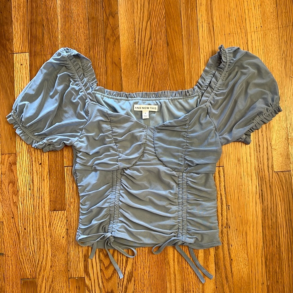 And Now This Dusty Blue Ruched Mesh Blouse Sz M